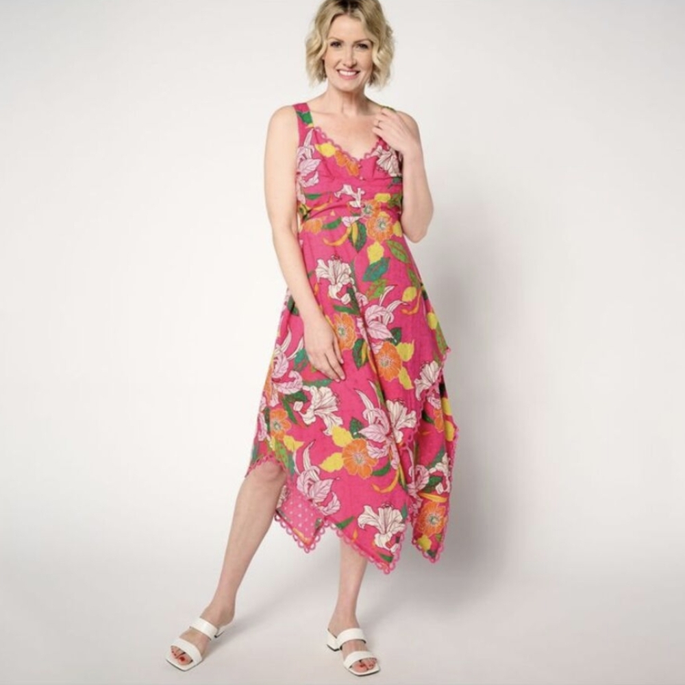 GRAVER Susan Graver Regular Printed Eyelet Asymmetric Hem Dress- MP